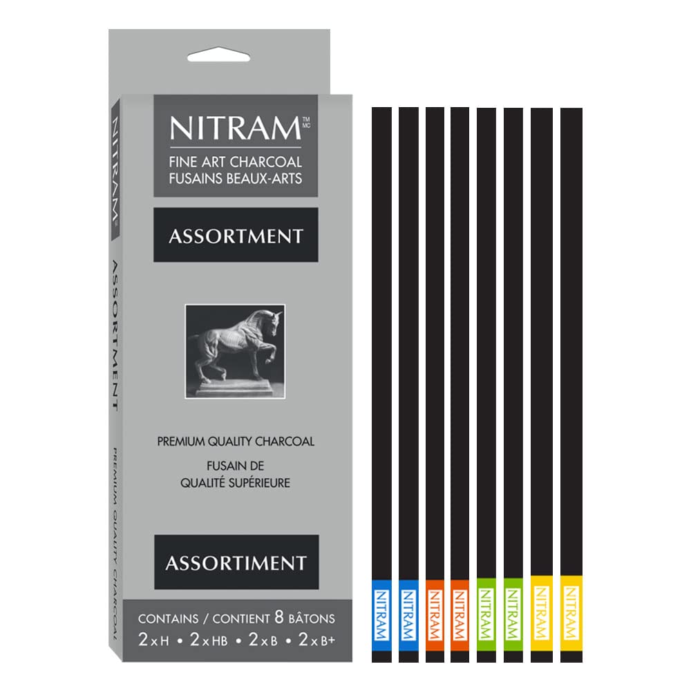 NitramAssortment Fine Art Charcoal Sticks Set of 8 (6 Square, 2 Round)