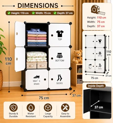 Image of Plastic Wardrobe for Kids Clothes - 6 Door Foldable Cupboard for Bedroom, Baby Clothes Storage Almirah with Doors, Collapsible Wardrobe Kids for Home (HT1 Pink)