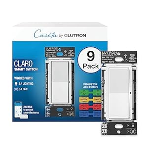 Lutron Claro Smart Switch for Caseta Smart Lighting, for On/Off Control of Lights or Fans | Includes Wire Label Stickers | Neutral Wire Required | DVRF-5NSS-WH-R-9 | White (9-Pack)