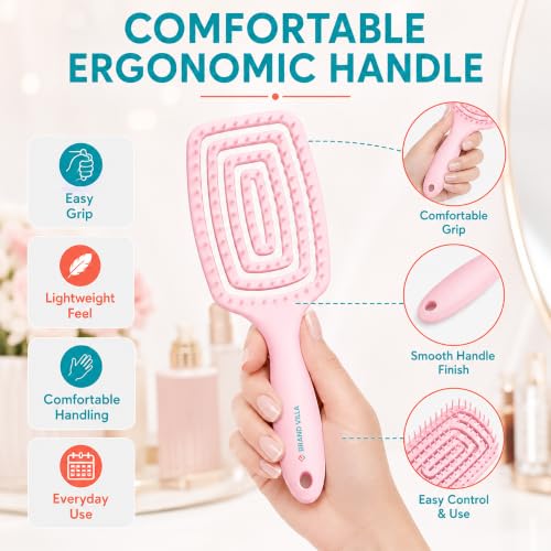 Image of BRAND VILLA Detangling Hair Brush for Women & Men | Anti Hair Fall Comb for Wet & Dry Hair | Flexible Vent Paddle Brush with Scalp Massager | Frizz Control for Curly, Straight, Thick, Long & Wavy Hair (Pink)