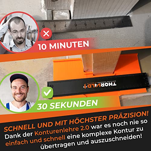 THORVALD Werkzeug Konturenlehre mit Feststeller & Winkelschablone - 25cm Konturlehre Konturen Schablone für Fliesen, Parkett, Laminat - Inkl. Tieflochmarker + Anleitung - Konturenabnehmer mit Schloss
