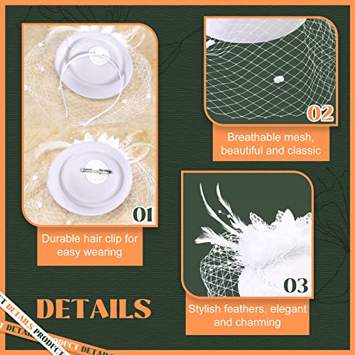 3 Pieces Fascinator Hat For Women Tea Party Derby Hat With Veil Feather Funeral Headpiece Lace Gloves Pearl Necklace (White) #TOP2
