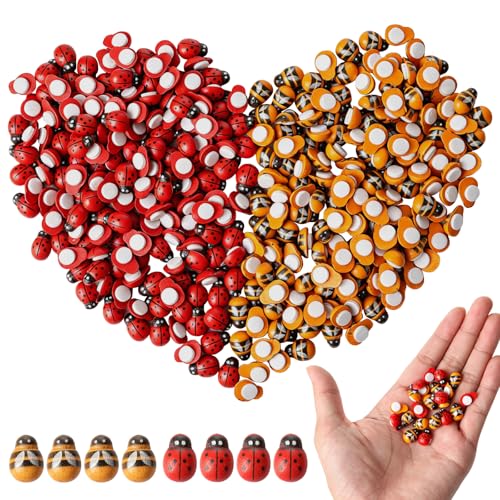 Lot de 300 mini coccinelles et abeilles en bois autocollantes Ladybug, abeilles peintes et coccinelles pour fête prénatale, costume, artisanat, scrapbooking, pendentif, mur, chapeau