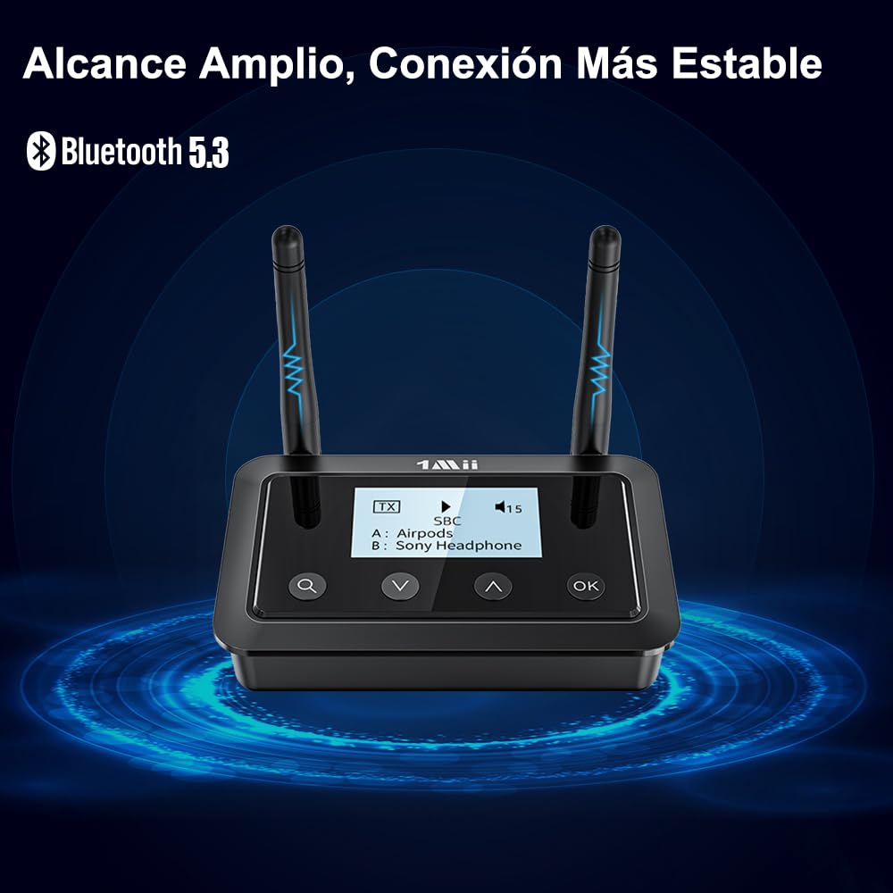 1Mii B03+ Transmisor Receptor Bluetooth para TV y Equipo HiFi, Adaptador Bluetooth 5.3 Largo Alcance para Audio TV con Pantalla, aptX Low Latency & HD & Adaptive, Entradas/Salidas Óptica RCA AUX 3,5mm