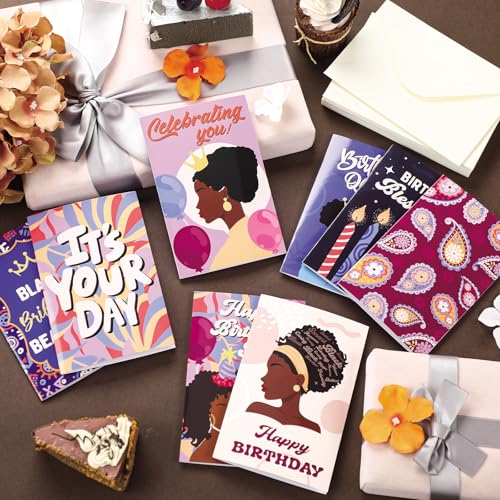 Motiskyy 32 Sets African American Birthday Cards Black Greeting Cards with Envelopes for Women 8 Assortment Happy Birthday Gifts for Her Queen Mother\'s Day, 4 x 6 Inches