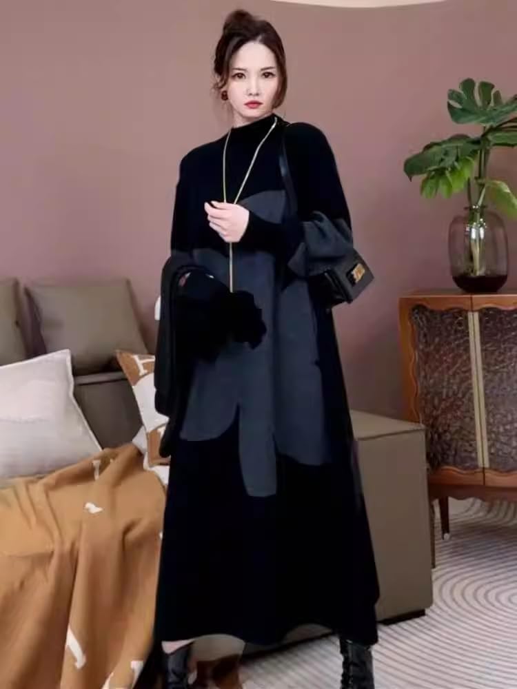 LIXINGHEITANG Autumn and Winter Women's Large Loose Size Sweater Skirt Turtleneck Long Over-The- - Wool Dress