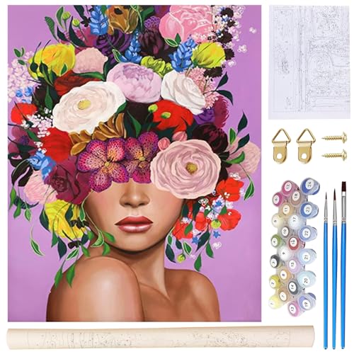 Peinture Numero Adulte Paysage Kit Peinture Par Numéros GAROMIA 40x50cm - Fille Aux Fleurs - Toile, Peintures Et Pinceaux Inclus Peinture Numérique Cadeau
