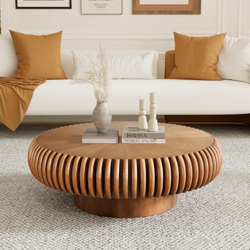 YAOBAO 80cm Round Coffee Table in Brown - Modern Fluted Centre Table for Living Room, Drum Tea Table with Sturdy Pedestal for Apartment Office, Small