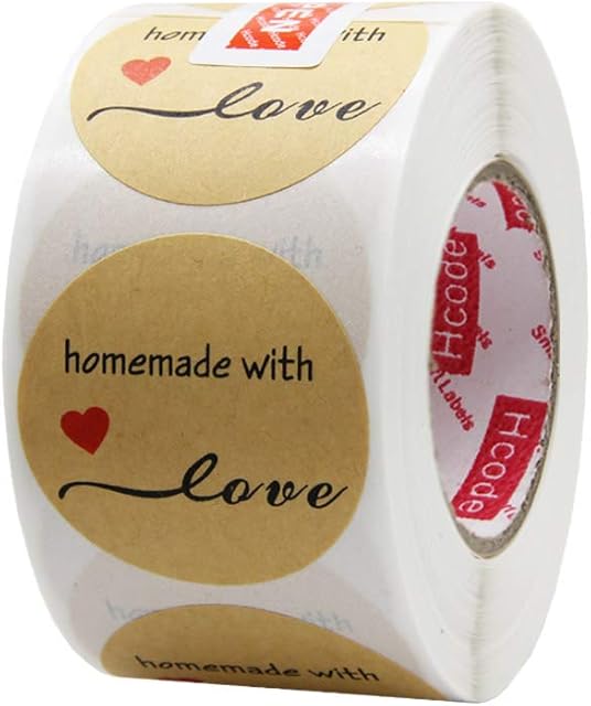 Hcode 500 Natural Kraft Paper Round Homemade with Love Stickers with Red Heart 38mm Adhesive Label (Homemade with Love)