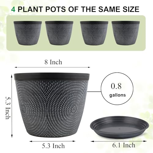Image of Quarut 4 Pack 8 Inch Flower Pots,Plastic Plant Pots with Drainage Hole&Tray