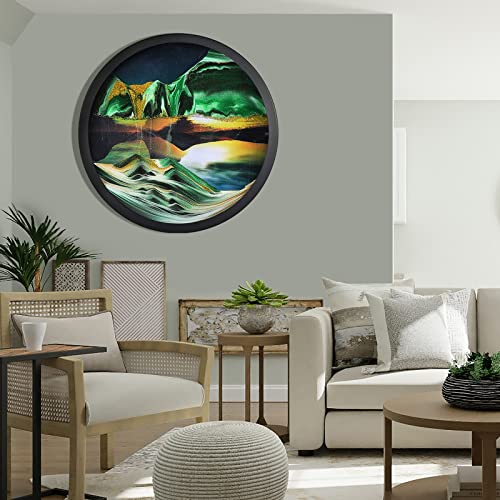 Jzwlw Moving Sand Art Decor Picture 3D Deep Sea Sandscape 360° Rotation Sand Art Liquid Motion Round Glass Crafts Wood Frame Relaxing Wall Decor For Home Office (Green-Background, 17.3In) #TOP4