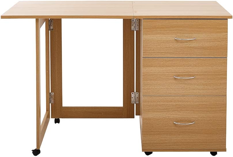 PananaHome Folding Office Storage Filing Desk with 3 Drawers Computer PC Desk Workstation Table Rolling Castors Oak Colour