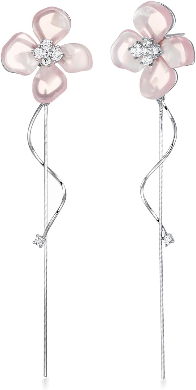 GIGI ARIA 14K Gold Plated White Freesia Flower Earrings For Women Trendy Sterling Silver Posts Dangling Dangle Long Boho Green Jewelry