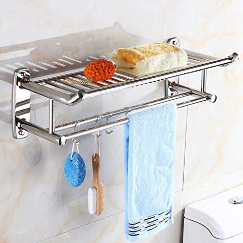 Preisvergleich Produktbild AINIYF Badezimmer Regal Edelstahl-Handtuchhalter, justierbare Badezimmer Regal mit Handtuchhalter Rod und Haken for Wandmontage, Multifunktions-Doppel-Handtuchhalter Hotel Style, Chrom poliert / 28 Zo
