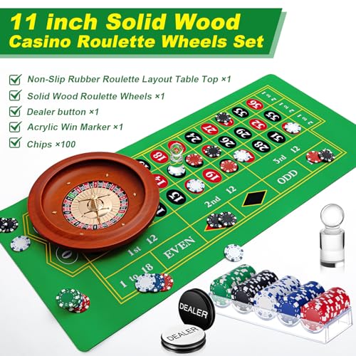 Lunmon Roulette Wheel Game Set Include 11'' Solid Wood Roulette Wheel 35 x 16 Rubber Portable Tabletop Layout Mat 100 Chips Marker Dealer Button - Thumbnail 2