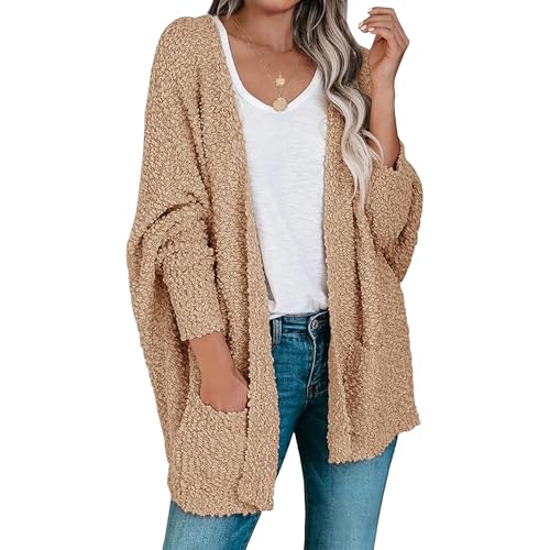 Women's Open Front Pocket Solid Long Sweater Baggy Cardigan Knit Fashion Sweater Warm Casual Fall Winter Sweaters (Khaki,Large)