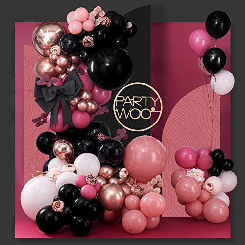 PartyWoo 140 pièces Kit Arche Ballons Rose, Guirlande Ballons Noir et Rose Vif avec Ballons 4D Or Rose, Ballons Métalliques Rose Poudré pour Décorations d'Anniversaire, Décorations de Mariage