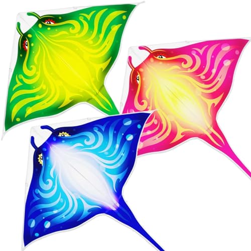 Mint's Colorful Life 3 Pack Devil Fish Kites for Kids Adults?Easy to Fly Delta Kite Single Line Large, Kite Handle Include (Blue&Green&Pink)