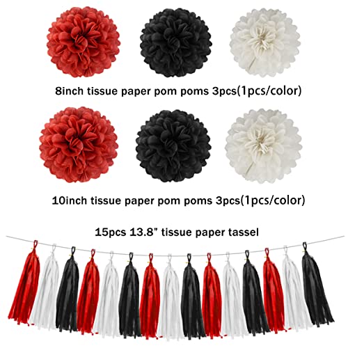 Image of White Red Black Party Decorations - 23pcs Tissue Paper Flowers Pom Poms Tassel Garland Pennant Banner Flags Streamers Birthday Wedding Graduation Bachelorette Classroom Office Hanging Decor