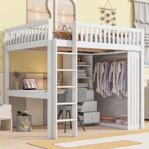 YEHTOKHOME Lit loft en pin Multifonctionnel avec Armoire et Bureau,Double lit avec escalier et 3 tiroirs,Moderne lit avec Compartiment de Rangement(sans Matelas)...