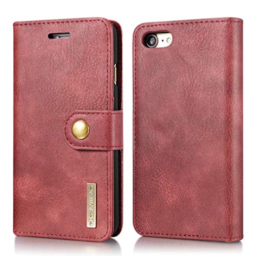 DG.MING - Custodia per iPhone 8, per iPhone 7, in vera pelle di vacchetta magnetica, rimovibile, 2 in 1, per iPhone 7, iPhone 8, colore: rosso