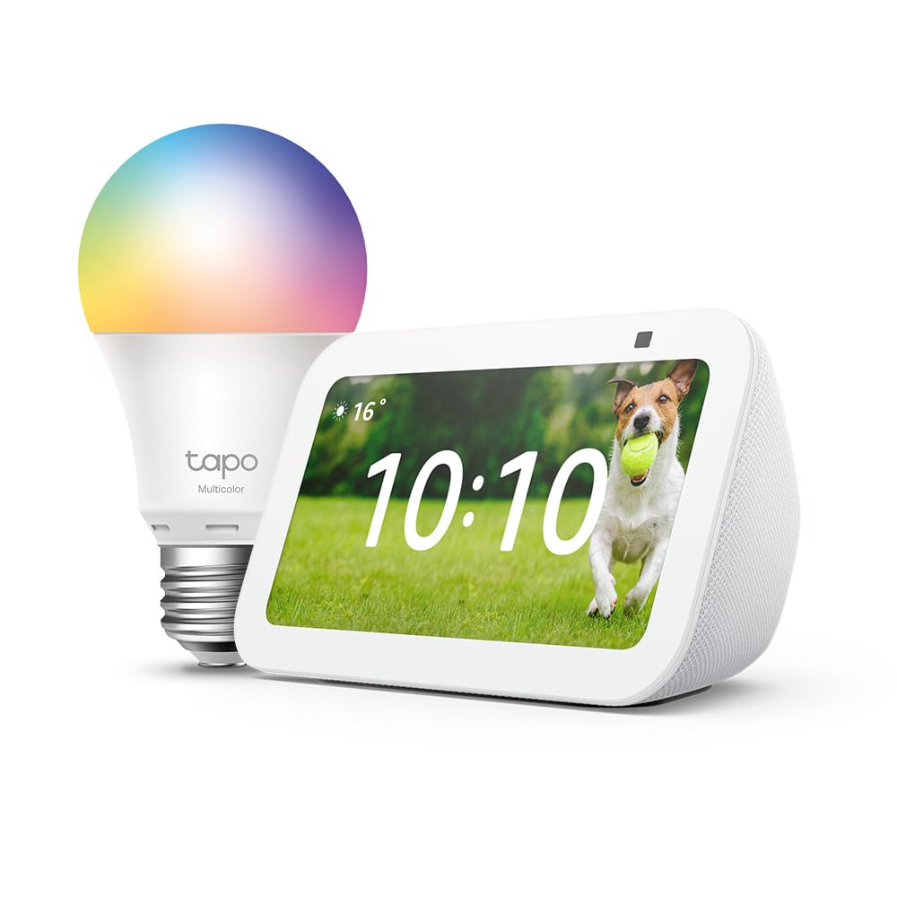 Echo Show 5 (3.ª generación) | Blanco + Tapo L530EA Bombilla LED Inteligente (E27), Compatible con Alexa - Kit de inicio de Hogar digital
