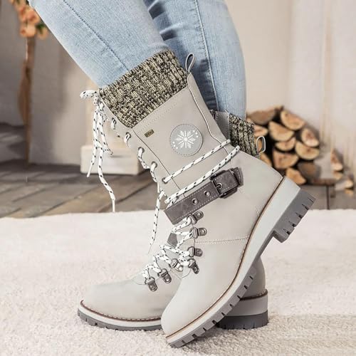 Women Buckle Knitted Mid Calf Boots Winter Warm Lace up Outdoor Casual Cowboy Boots Round Toe Dressy Snow Booties3
