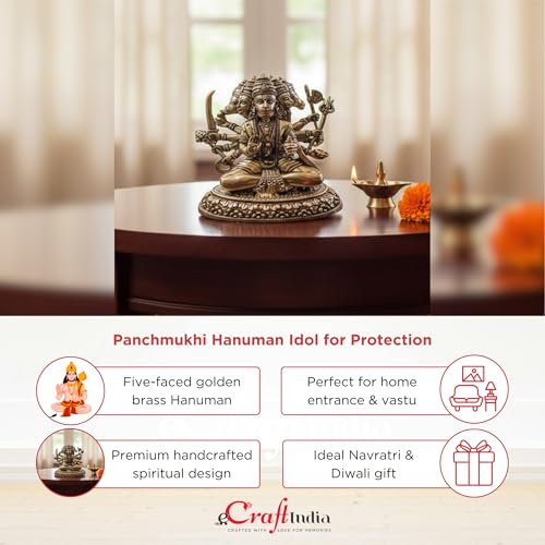 Image of eCraftIndia Golden Brass Panchmukhi Hanuman Ji Murti | Panchmukhi Hanuman Statue for Door Entrance