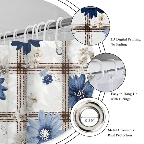 Riyidecor Blue Flower Floral Shower Curtain for Bathroom Decor 72Wx72H Rustic Plaid Farmhouse Checkered Botanical Plant Spring Natural Art Printed Fabric Polyester Waterproof 12 Pack Plastic Hooks