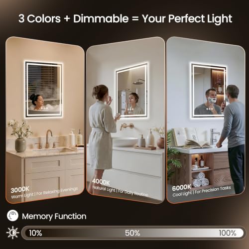Image of 24x32 LED Bathroom Mirror with Anti-Fog, Backlit & Front Lit, Memory | Stepless Dimmable 3 Color CRI 95+ Shatterproof Tempered Glass ETL Listed for Safety Lighted Bathroom Vanity Mirror for Wall