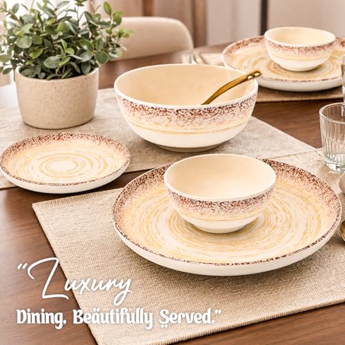 Image of MARKET 99 Cream Spiral Melamine Dinner Set 14 Pieces, Glossy Round Dinnerware with 6 Full Plates, 6 Quarter Plates, 6 Soup Bowls & 2 Serving Bowls, Food Safe & Refrigerator Safe