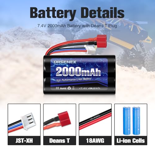 URGENEX Li-ion Battery 7.4V 2000mAh with Dean-Style T Plug 2S Rechargeable RC Battery Fit for WLtoys 4WD High Speed RC Cars and Most 1/10, 1/12, 1/16 Scale RC Cars Trucks with 1TO2 USB Charger - Image 3