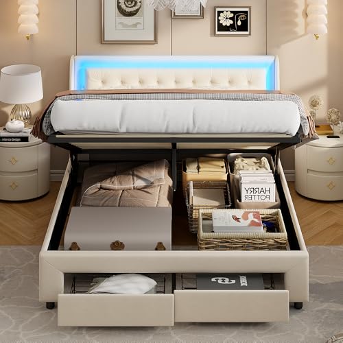 JDEFARF Marco de cama de almacenamiento elevable, con 2 cajones de almacenamiento y luces LED, marco de cama doble de tela de terciopelo, no necesita somier, soporte de listones de madera (180 x 200