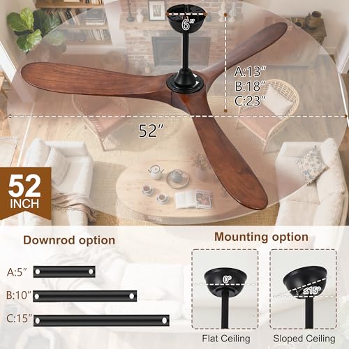Image of 52 Inch Ceiling Fans with Lights and Remote, Modern Wood Outdoor Ceiling Fan with Light, 3 Blade Propeller Indoor Ceiling Fan for Farmhouse Patios Living Room Bedroom Gazebo (Walnut)