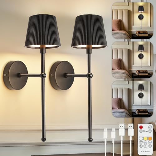 Black Rechargeable Wall Light with Remote Control - Retro Battery Operated Wall Lights Indoor for Living Room Bedroom - 3 Color Temperatures Wireless Wall Sconces - Striped Lampshade 2 Pack