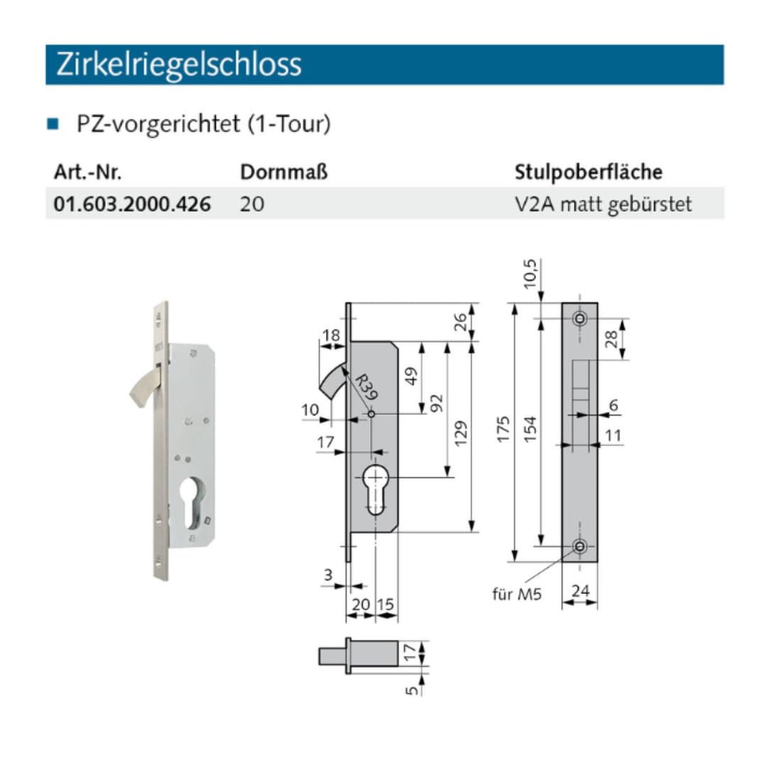 Zirkelriegelschloss Made in Germany - 20mm Dornmaß - 016032000426 erial/Oberflächen: Edelstahl V2A matt gebürstet, Dornmaß: 20, Schlossstulp: Flachstulp, Ausführung: PZ gelocht, Pr