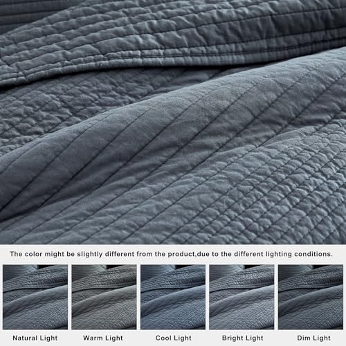 Image of palassio Striped Blue Grey 100% Cotton Quilt Twin Size Bedding Sets, Lightweight Crinkly Channel Pick Stitch Textured Bedspread Soft Shabby Chic Farmhouse Country Coverlet for All Season, 1 Sham