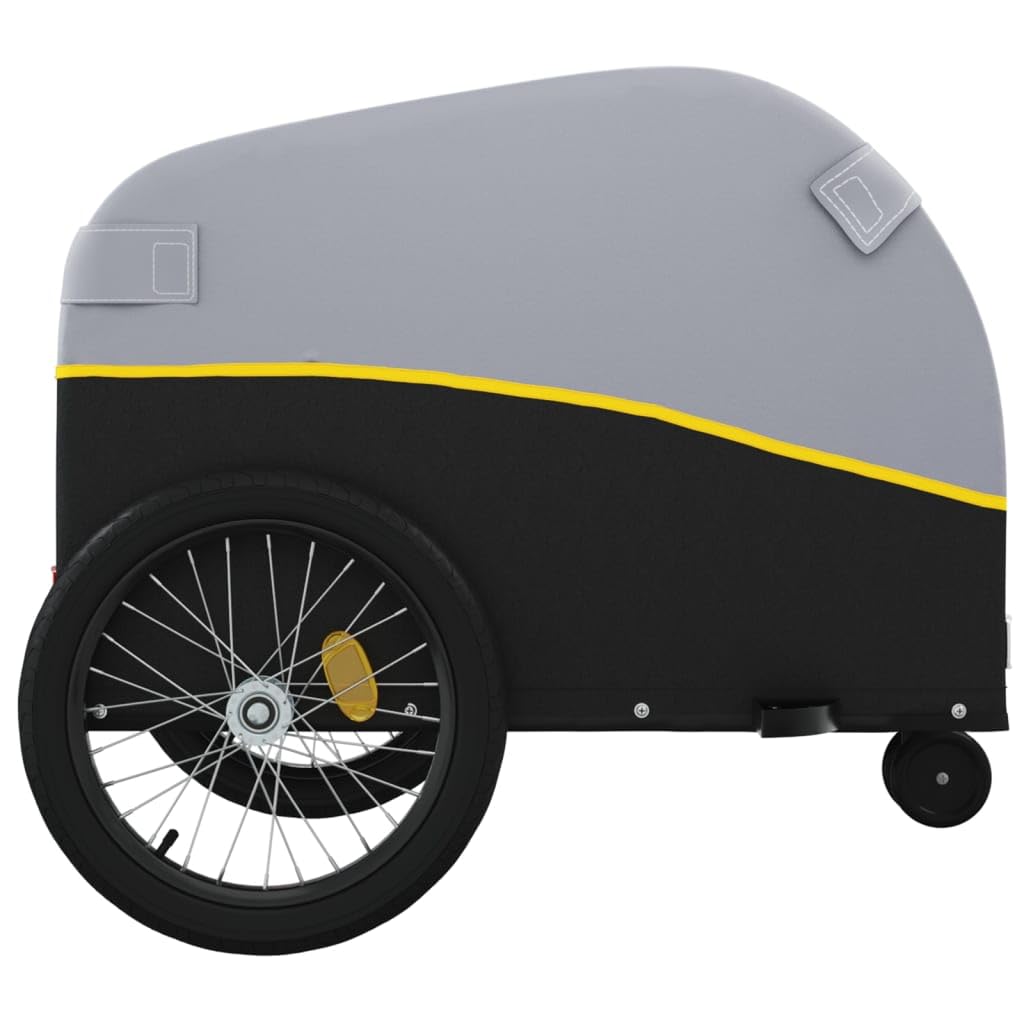 Remolque de bicicleta plegable de hierro negro y amarillo con capacidad de carga de 30 kg, con enganche y bandera de seguridad para transportar equipaje, perro, niño, camping, ciudad y al aire libre