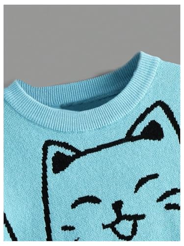 WDIRARA Girl's Cartoon Cat Print Round Neck Long Sleeve Cute Sweater Casual Pullovers3