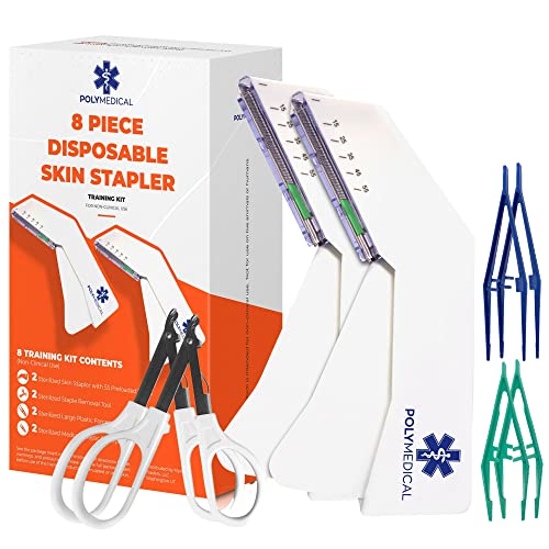 8 Piece Disposable Skin Stapler Kit Suture Thread Alternative – 110 Wires, 2 Stapler Remover Tool + 4 Plastic Forceps for Outdoor Camping Emergency Survival Demo First Aid Field Emergency Vet Training