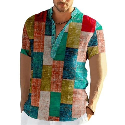 Men's Vintage Patchwork Color Block 3D Print Henley Shirts Man Stand Collar Short Sleeve T Shirt Male Tees Tops