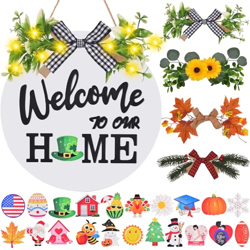 Interchangeable Welcome Home Sign, Front Door Decor With 4 Seasonal Wreaths and 21 Changeable Icons, Rustic Wood Wall Porch Hanger for Holiday Halloween Christmas Housewarming Gift (White)
