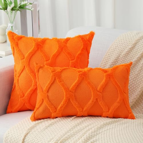 decorUhome Fall Throw Pillow Covers 22x22 Inch Set of 2, Soft Plush Faux Fur Wool Orange Couch Pillow Covers, Decorative Neutral Pillow Cases for Bed Sofa Living Room Home Decor