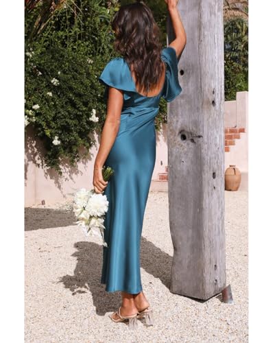 Image of Summer Satin Flutter Sleeve Wedding Guest Dresses for Women Sweetheart Neckline Cutout Tie Back Midi Cocktail Dress