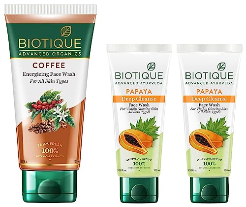 Image of Biotique Papaya Deep Cleanse Face Wash For Visibly Glowing Skin All Skin Types 2x100ml & Biotique Coffee Energizing Face Wash 150ml | Purifies Skin, Unclog Pores | Paraben & SLS Free