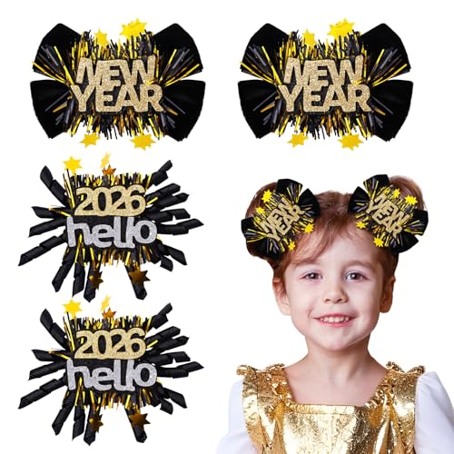 CN 4PCS Happy New Year Velvet Hair Bows for Girls 2026, Black and Gold...