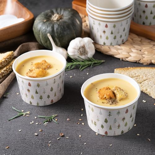 Image of Confettiville Paper Ice Cream Cups, 50-Count 9-Oz Disposable Dessert Bowls for Hot or Cold Food, 9-Ounce Christmas Party Supplies Treat Cups, Handdrawn Christmas Trees, Gold Foil