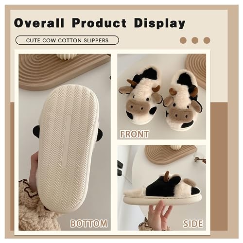 JosuE Cow Slippers With Cow Socks Animal Fuzzy Slippers Non-Skid Winter Warm Cozy For Women Teen Girls Outdoor Slippers3