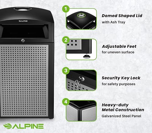 Image of Alpine 40-Gallon Outdoor Commercial Trash Can with Ashtray & Locking Lid - Heavy-Duty Cigarette Disposal Bin with Removable Liner for Parks, Hotels & High-Traffic Outdoor Areas - Black & Grey