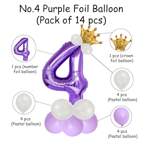 Image of Purple 4 Number Foil Balloon with Crown & Base Balloons | 32 Inch Helium Supported for Birthday, Anniversary, Baby Shower Decoration - Pack of 14